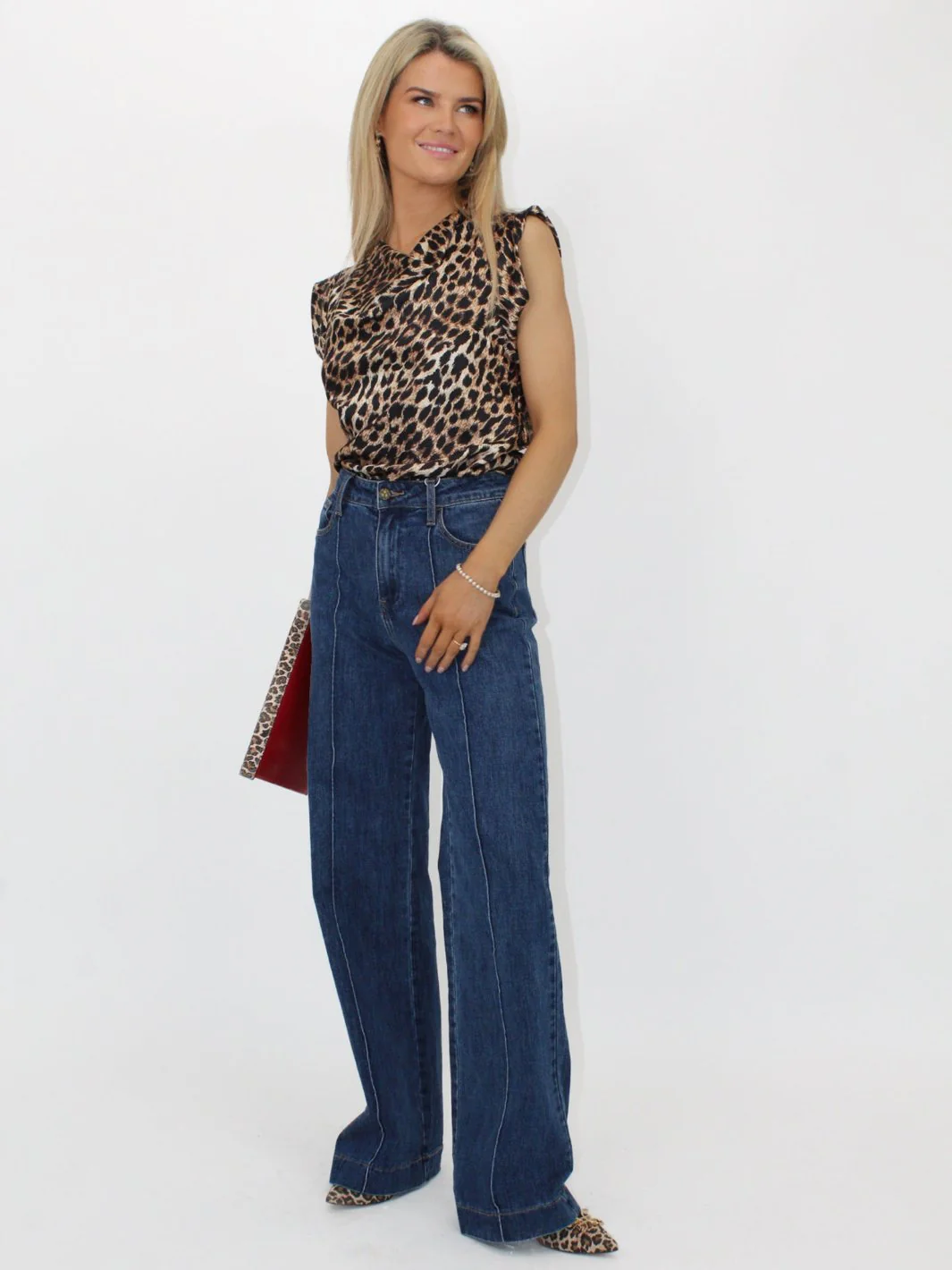 Kate & Pippa Suzy Satin Cowl Neck Top In Brown/Black Animal Print - Image 6