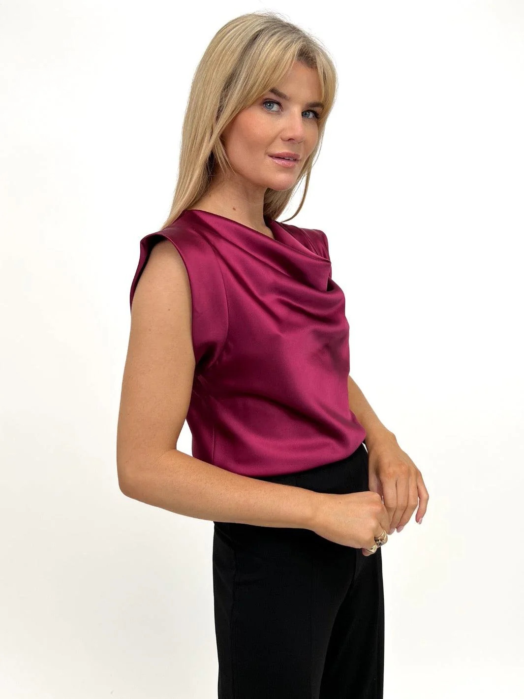 Kate & Pippa Suzy Satin Cowl Neck Top In Burgundy - Image 6