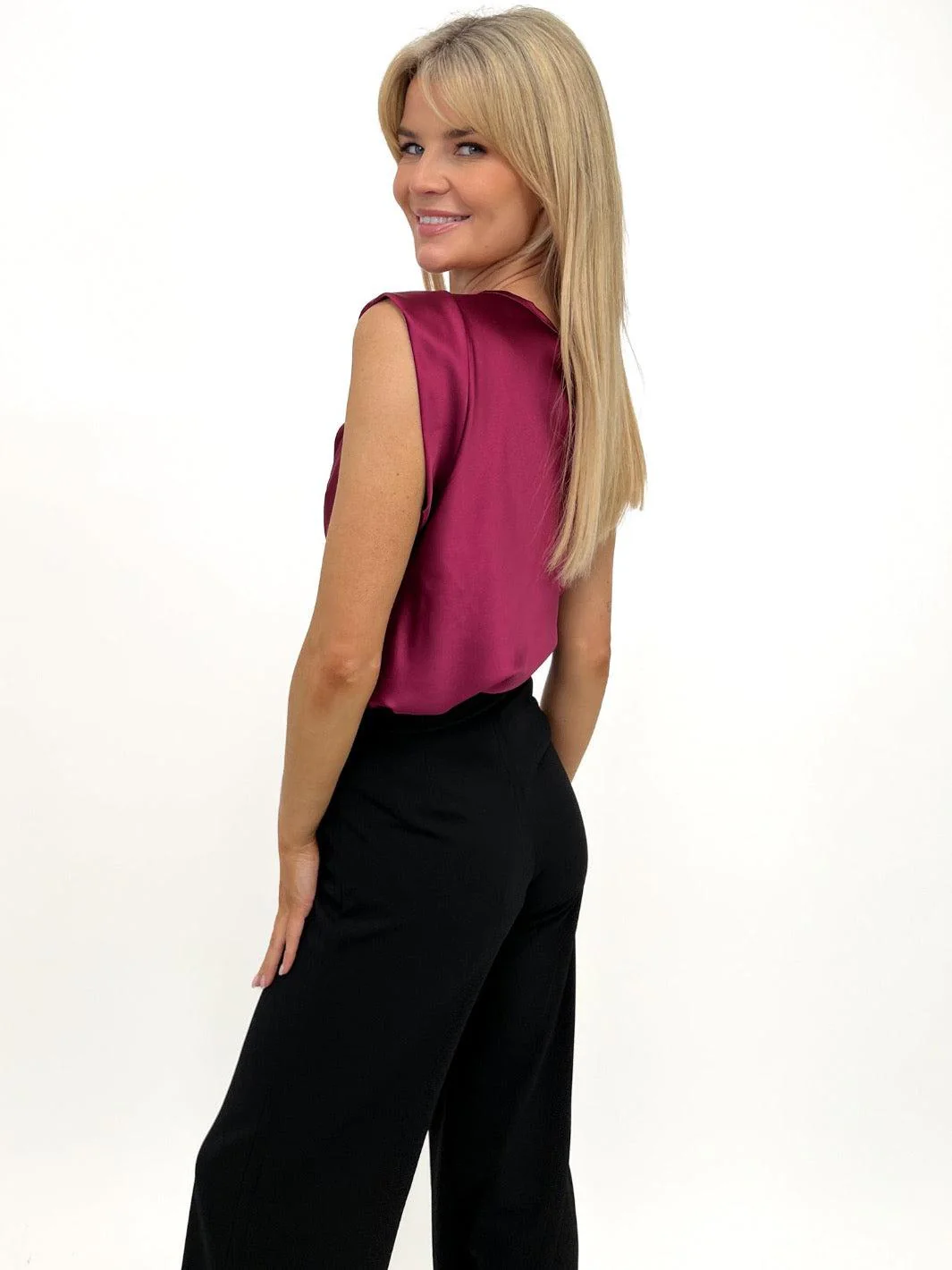 Kate & Pippa Suzy Satin Cowl Neck Top In Burgundy - Image 8