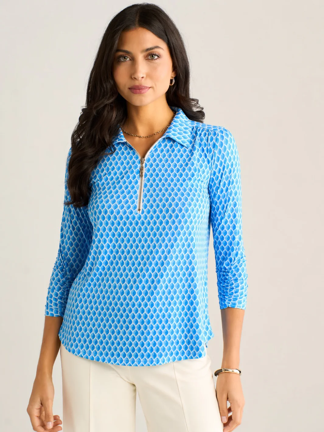 Kate & Pippa Zip Top In Blue Geo Print