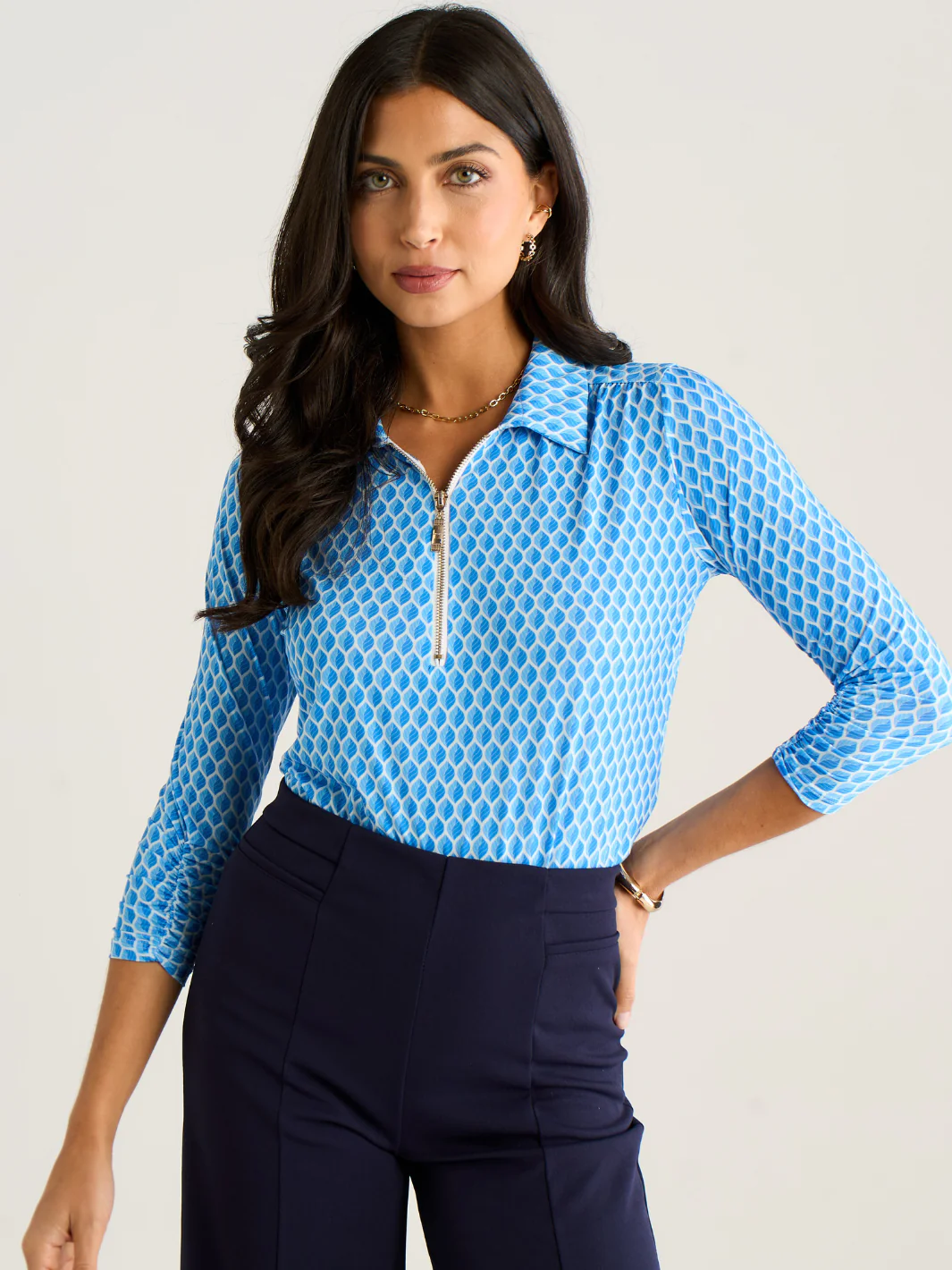 Kate & Pippa Zip Top In Blue Geo Print - Image 3