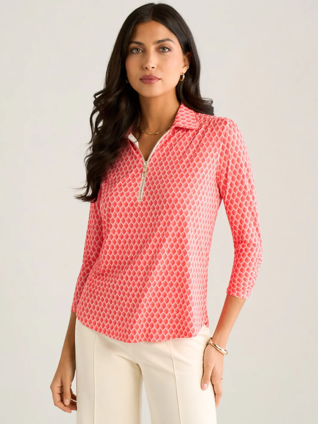 Kate & Pippa Zip Top In Coral Geo Print