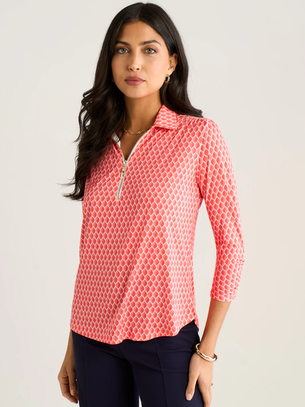 Kate & Pippa Zip Top In Coral Geo Print - Image 2