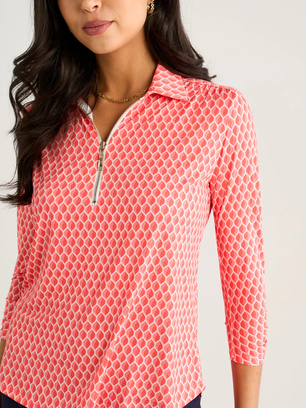Kate & Pippa Zip Top In Coral Geo Print - Image 3