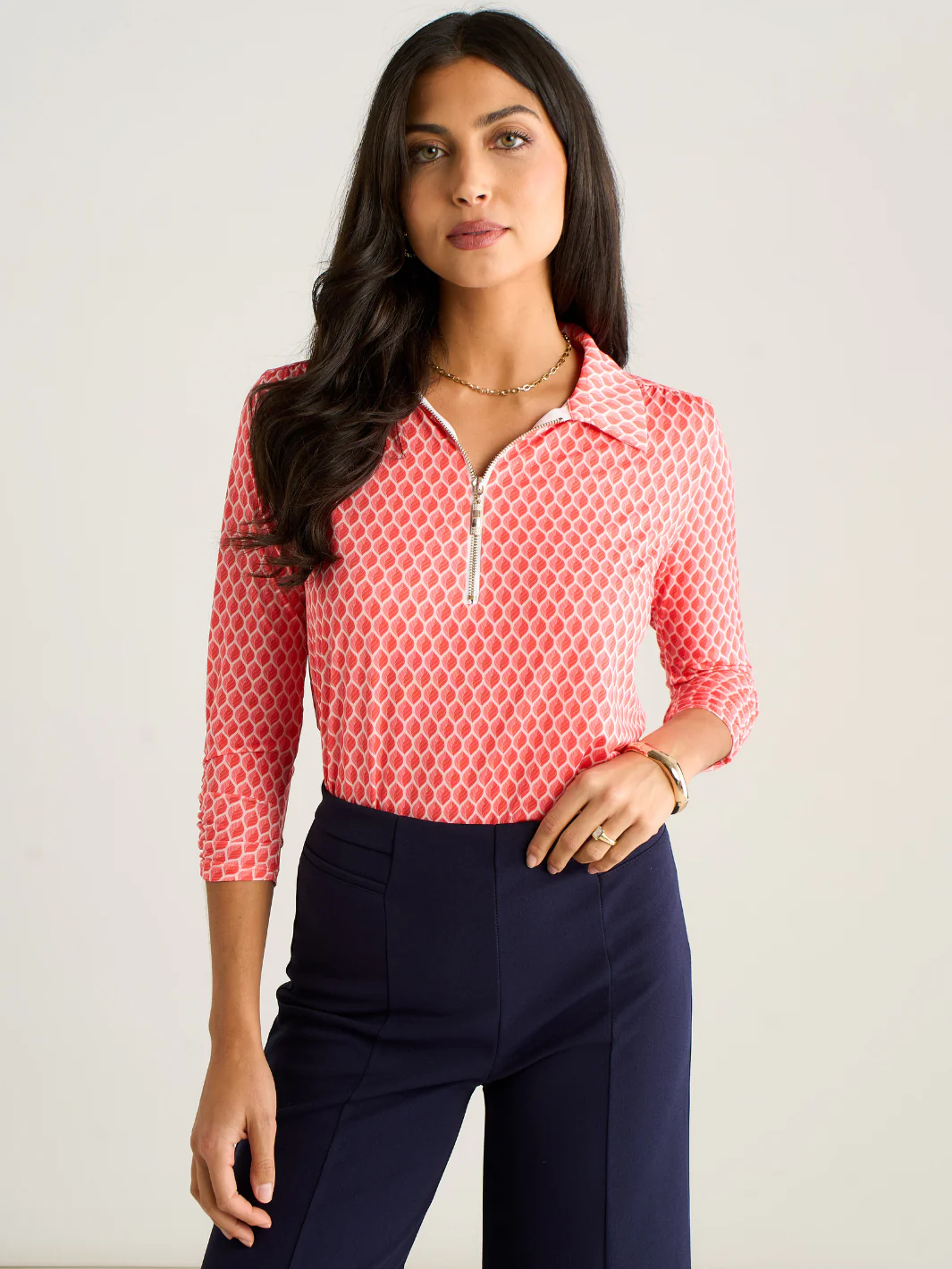 Kate & Pippa Zip Top In Coral Geo Print - Image 4