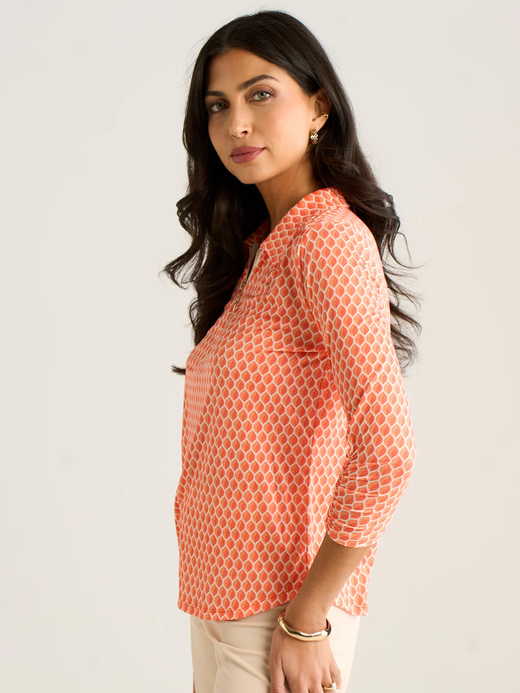 Kate & Pippa Zip Top In Orange Geo Print - Image 2