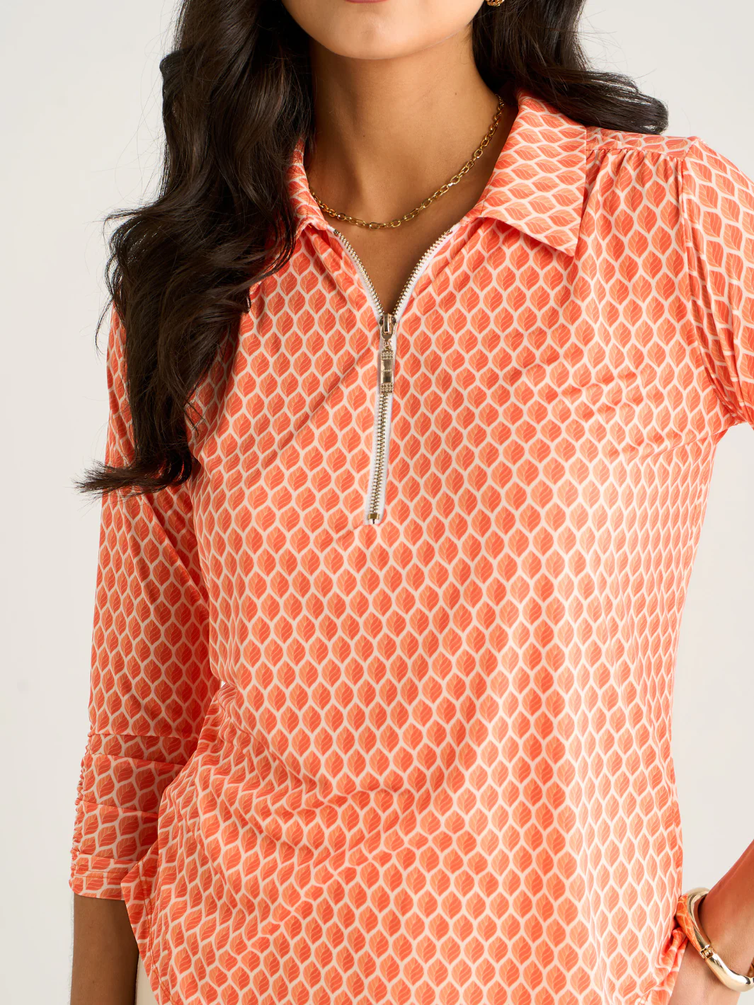 Kate & Pippa Zip Top In Orange Geo Print - Image 3