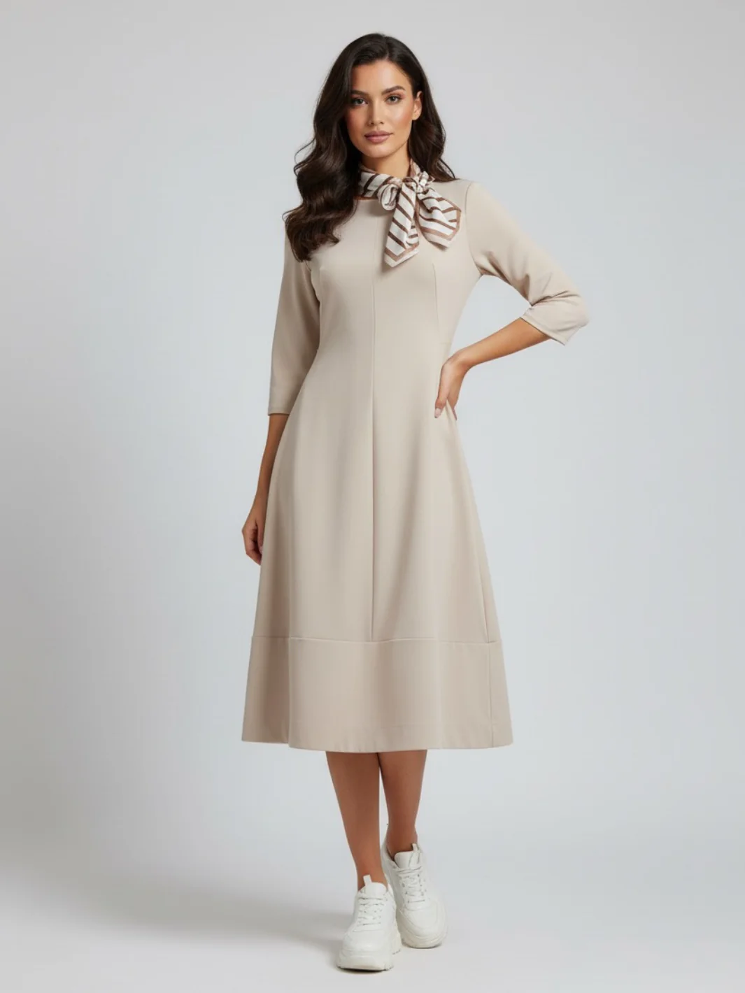 Lil Jen Gia Dress With Neck Scarf In Beige