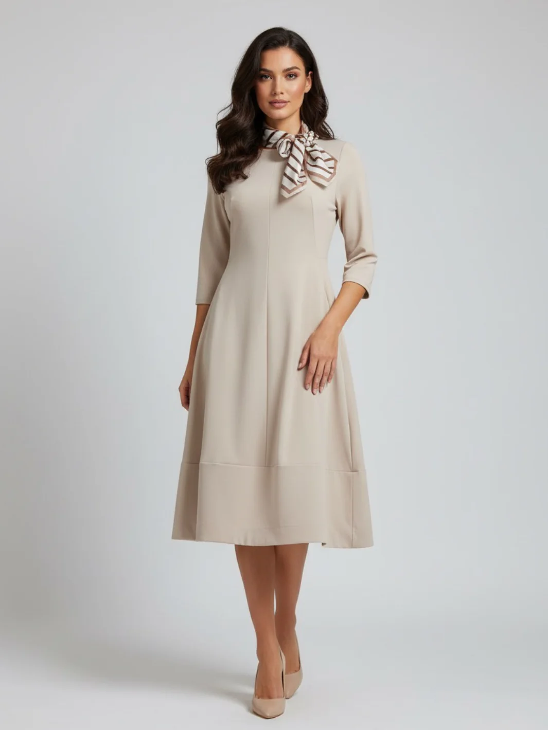 Lil Jen Gia Dress With Neck Scarf In Beige - Image 2
