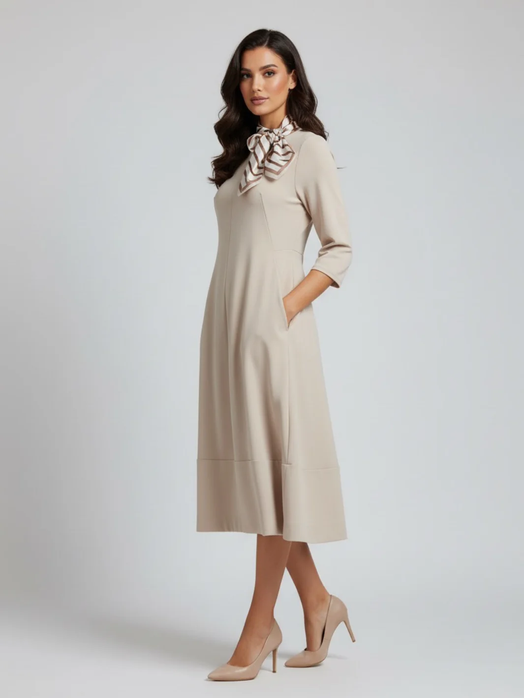Lil Jen Gia Dress With Neck Scarf In Beige - Image 3