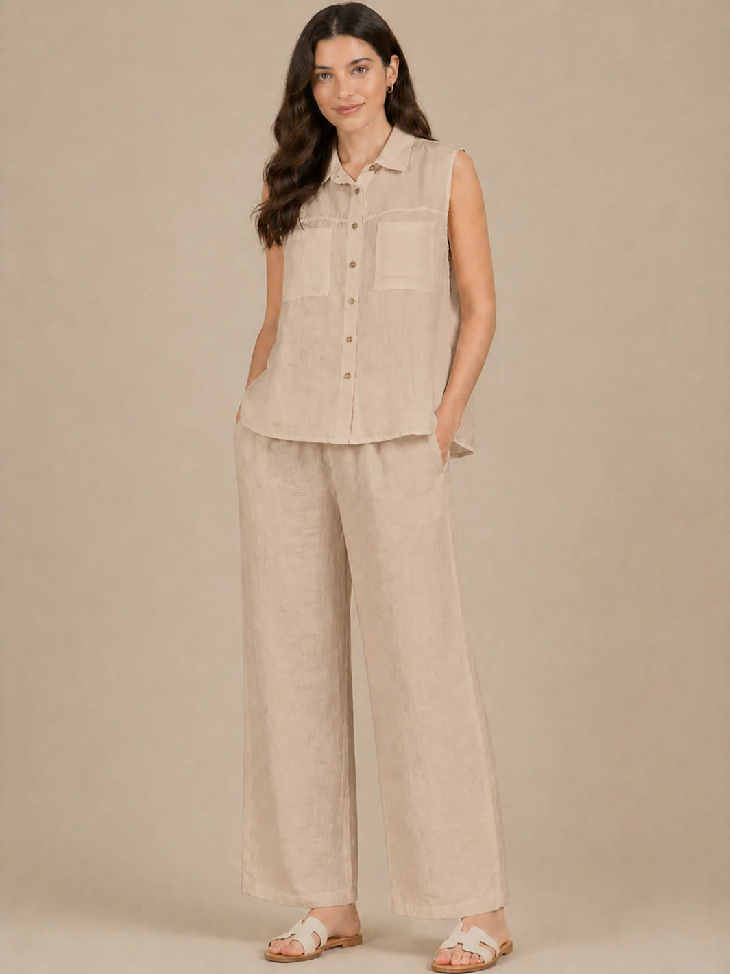Lil Jen Lottie Sleeveless Linen Top In Beige - Image 2