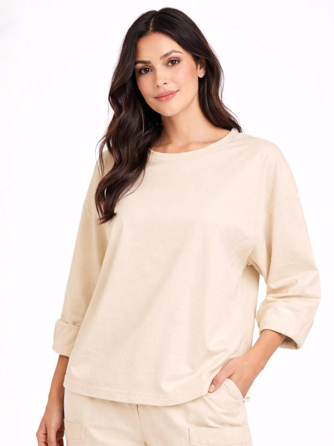Lil Jen Rolled Sleeve Top In Beige