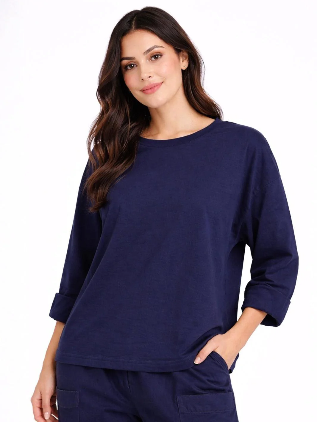 Lil Jen Rolled Sleeve Top In Navy